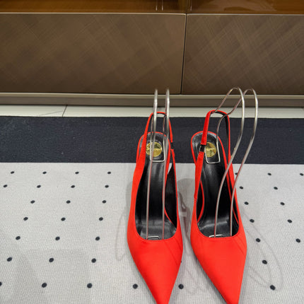 L'ENTRACTE SLINGBACK PUMPS IN RED SATIN