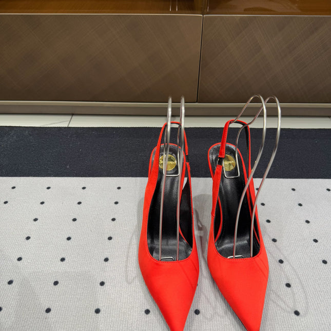 L'ENTRACTE SLINGBACK PUMPS IN RED SATIN
