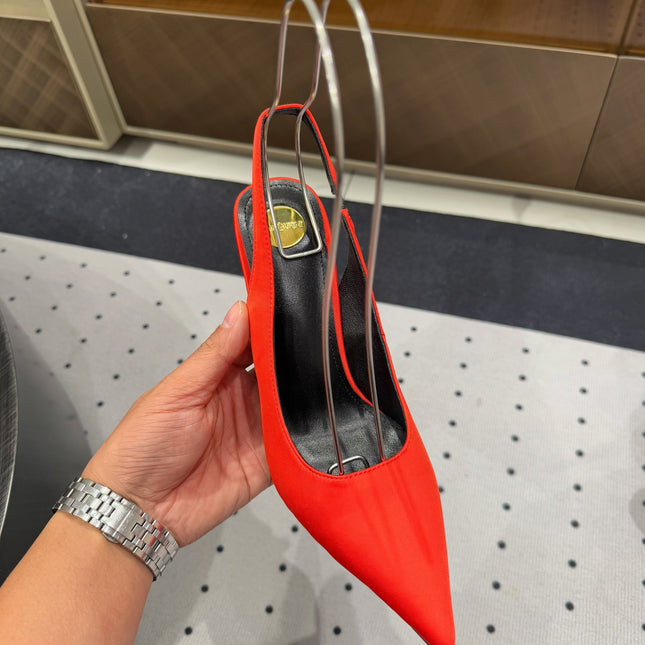 L'ENTRACTE SLINGBACK PUMPS IN RED SATIN