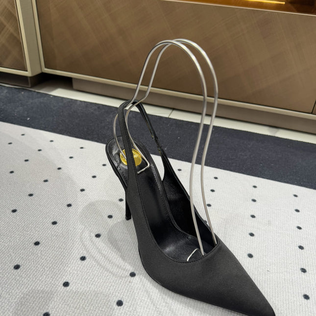 L'ENTRACTE SLINGBACK PUMPS IN BLACK SATIN