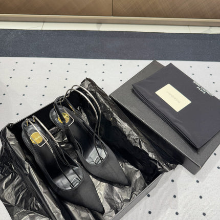 L'ENTRACTE SLINGBACK PUMPS IN BLACK SATIN