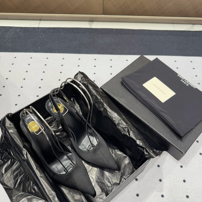 L'ENTRACTE SLINGBACK PUMPS IN BLACK SATIN