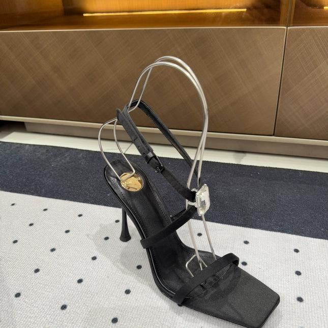 HIGH HEEL SANDALS IN BLACK SILK WTH STRAPS ATTACHED GEM