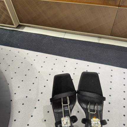 HIGH HEEL SANDALS IN BLACK SILK WTH STRAPS ATTACHED GEM