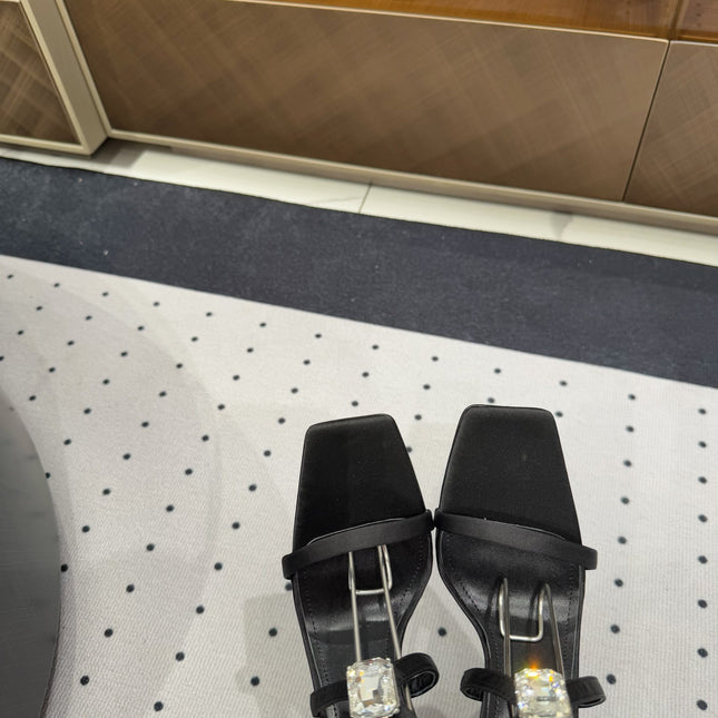 HIGH HEEL SANDALS IN BLACK SILK WTH STRAPS ATTACHED GEM