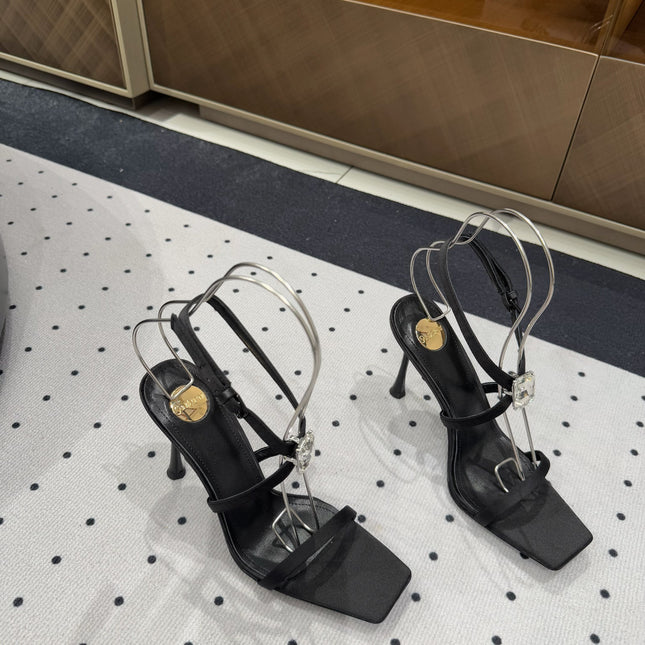 HIGH HEEL SANDALS IN BLACK SILK WTH STRAPS ATTACHED GEM