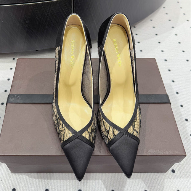 POINTED-TOE HIGH PUMPS 95MM IN BLACK MESH AND SILK