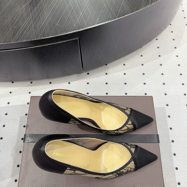 POINTED-TOE HIGH PUMPS 95MM IN BLACK MESH AND SILK