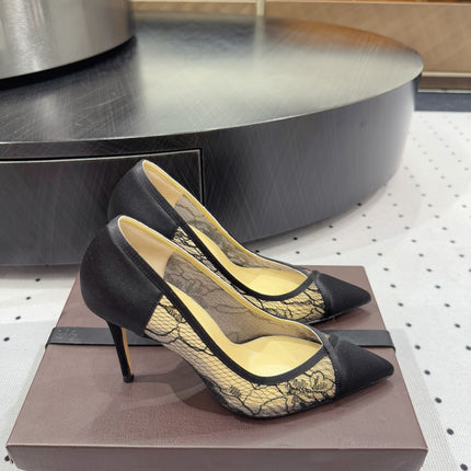 POINTED-TOE HIGH PUMPS 95MM IN BLACK MESH AND SILK