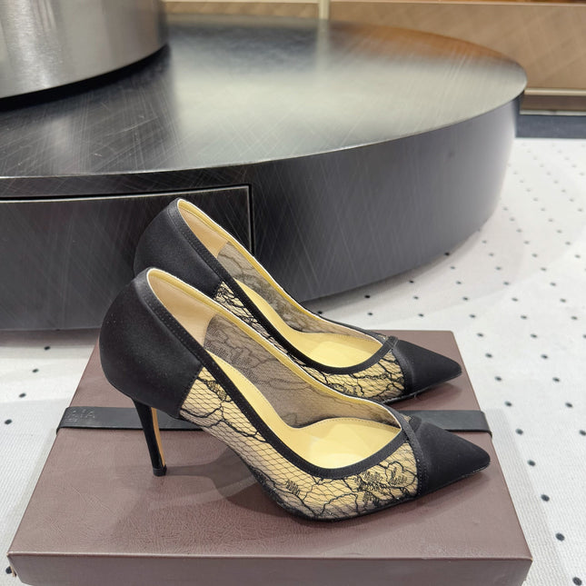 POINTED-TOE HIGH PUMPS 95MM IN BLACK MESH AND SILK