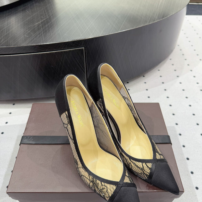 POINTED-TOE HIGH PUMPS 95MM IN BLACK MESH AND SILK