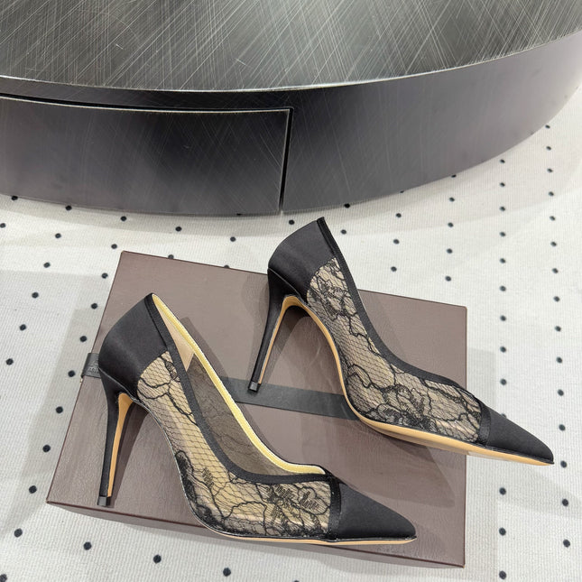POINTED-TOE HIGH PUMPS 95MM IN BLACK MESH AND SILK