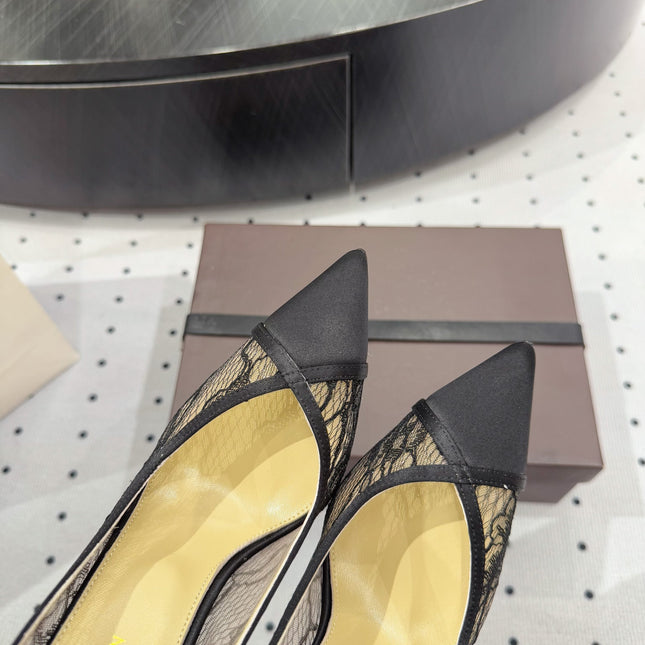 POINTED-TOE HIGH PUMPS 95MM IN BLACK MESH AND SILK