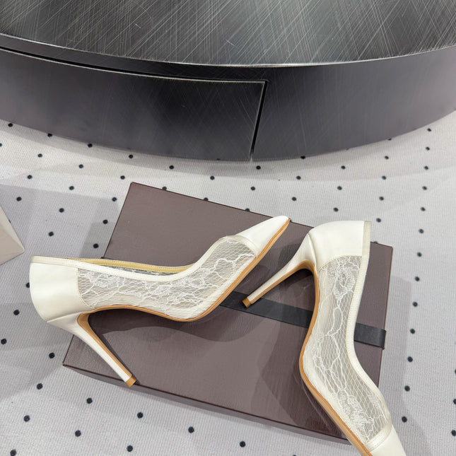 POINTED-TOE HIGH PUMPS 95MM IN WHITE MESH AND SILK