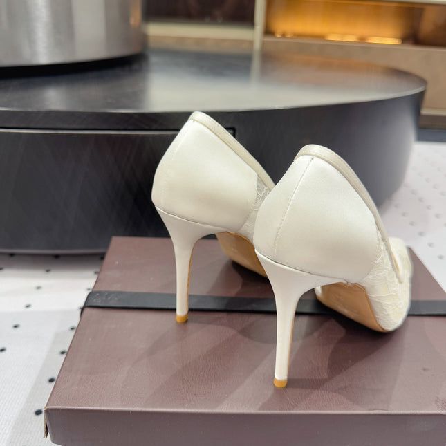 POINTED-TOE HIGH PUMPS 95MM IN WHITE MESH AND SILK