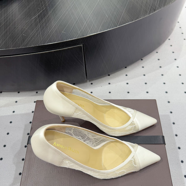POINTED-TOE HIGH PUMPS 95MM IN WHITE MESH AND SILK