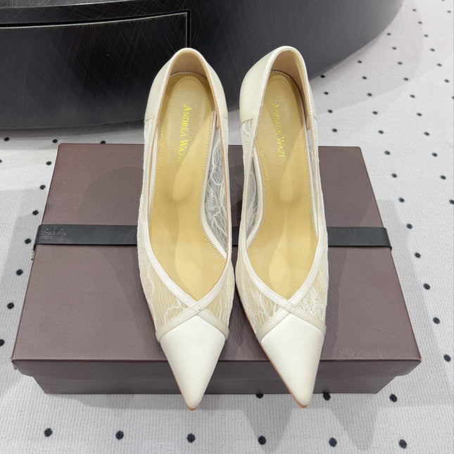 POINTED-TOE HIGH PUMPS 95MM IN WHITE MESH AND SILK