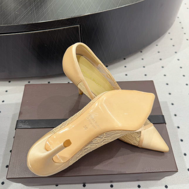 POINTED-TOE HIGH PUMPS 95MM IN YELLOW MESH AND SILK