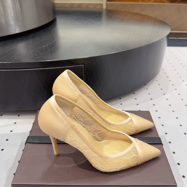 POINTED-TOE HIGH PUMPS 95MM IN YELLOW MESH AND SILK