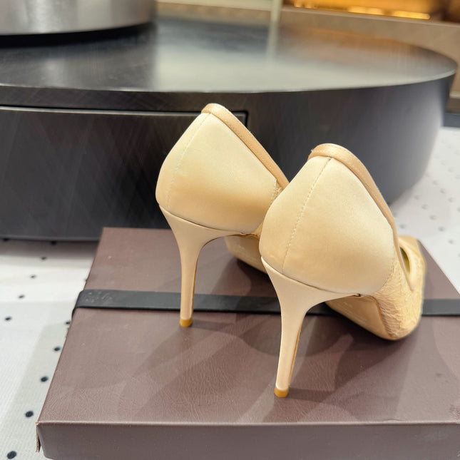 POINTED-TOE HIGH PUMPS 95MM IN YELLOW MESH AND SILK