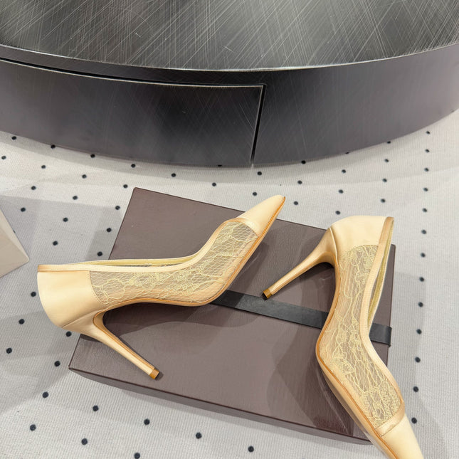 POINTED-TOE HIGH PUMPS 95MM IN YELLOW MESH AND SILK