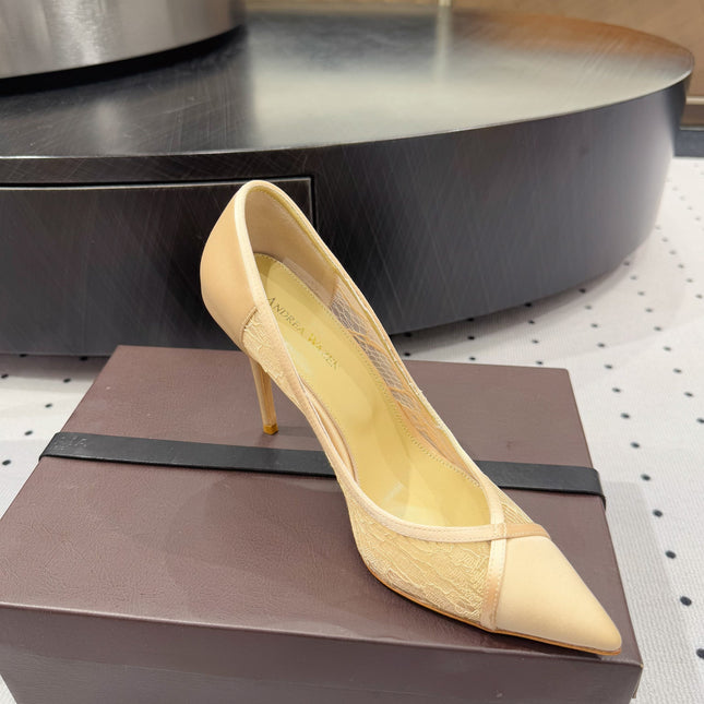 POINTED-TOE HIGH PUMPS 95MM IN YELLOW MESH AND SILK