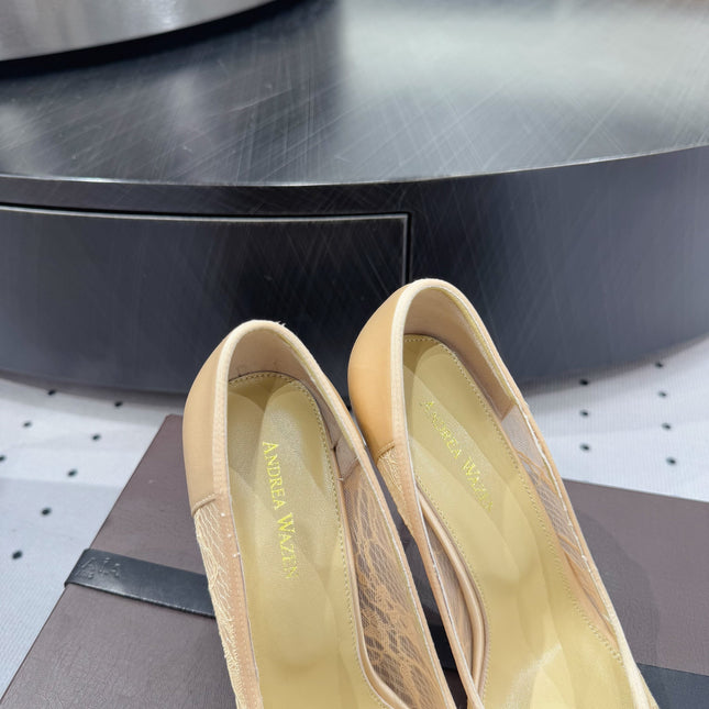 POINTED-TOE HIGH PUMPS 95MM IN YELLOW MESH AND SILK