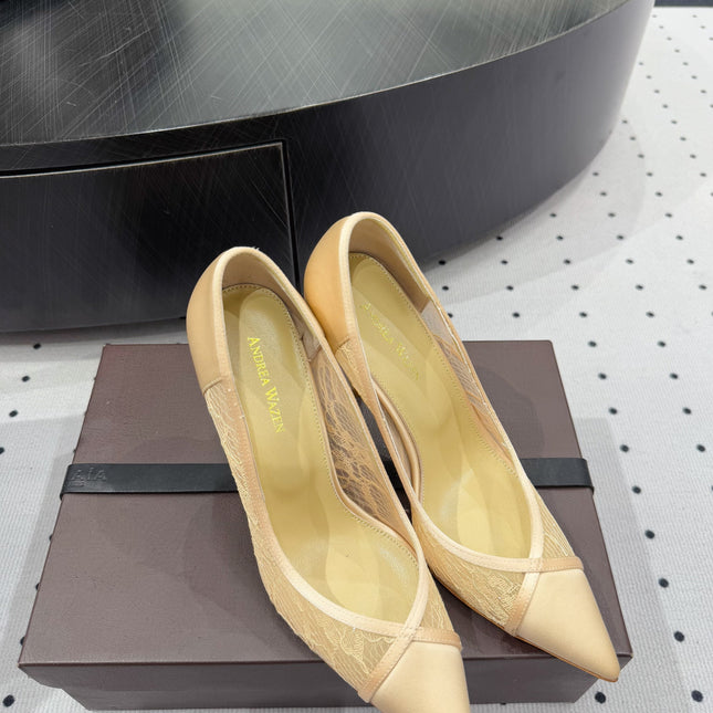 POINTED-TOE HIGH PUMPS 95MM IN YELLOW MESH AND SILK
