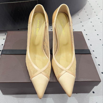 POINTED-TOE HIGH PUMPS 95MM IN YELLOW MESH AND SILK