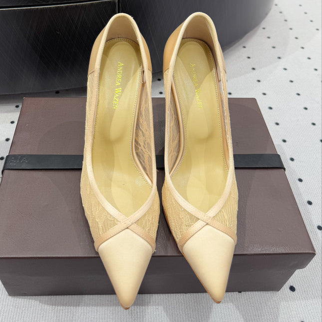 POINTED-TOE HIGH PUMPS 95MM IN YELLOW MESH AND SILK