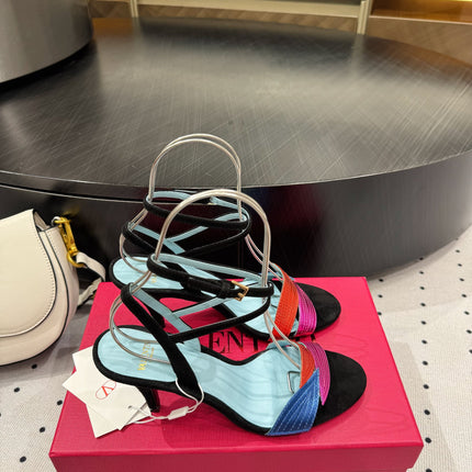 VLTN HIGH SANDAL 25S 60 MM IN BLACK SUEDE AND MULTICOLOR CALFSKIN