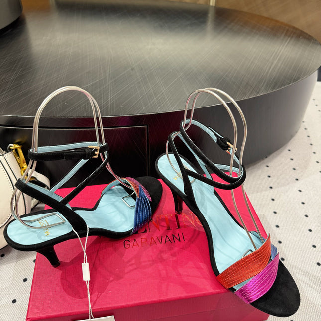 VLTN HIGH SANDAL 25S 60 MM IN BLACK SUEDE AND MULTICOLOR CALFSKIN