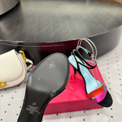 VLTN HIGH SANDAL 25S 60 MM IN BLACK SUEDE AND MULTICOLOR CALFSKIN