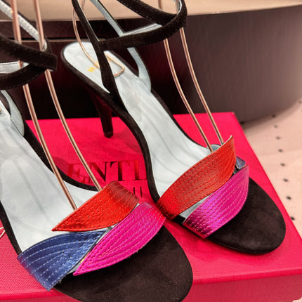 VLTN HIGH SANDAL 25S 60 MM IN BLACK SUEDE AND MULTICOLOR CALFSKIN