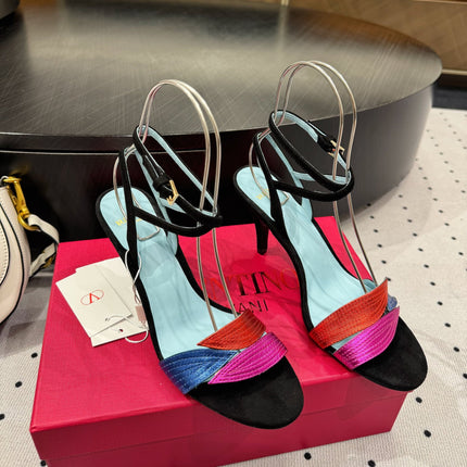 VLTN HIGH SANDAL 25S 60 MM IN BLACK SUEDE AND MULTICOLOR CALFSKIN