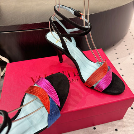 VLTN HIGH SANDAL 25S 60 MM IN BLACK SUEDE AND MULTICOLOR CALFSKIN