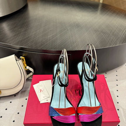 VLTN HIGH SANDAL 25S 60 MM IN BLACK SUEDE AND MULTICOLOR CALFSKIN