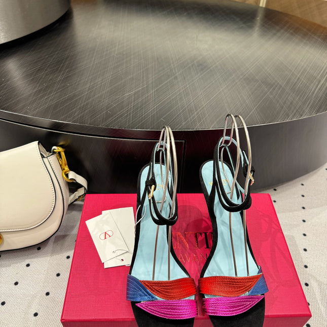 VLTN HIGH SANDAL 25S 60 MM IN BLACK SUEDE AND MULTICOLOR CALFSKIN