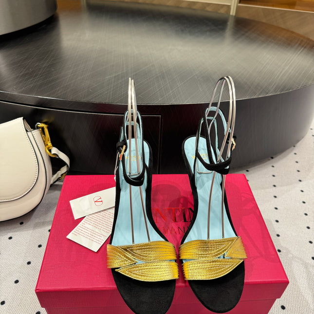 VLTN HIGH SANDAL 25S 60 MM IN BLACK SUEDE AND GOLD CALFSKIN