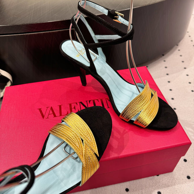 VLTN HIGH SANDAL 25S 60 MM IN BLACK SUEDE AND GOLD CALFSKIN