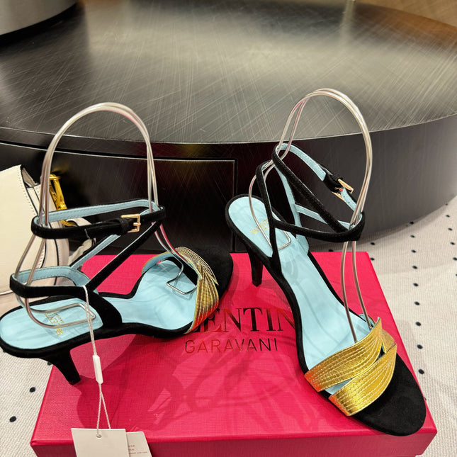 VLTN HIGH SANDAL 25S 60 MM IN BLACK SUEDE AND GOLD CALFSKIN