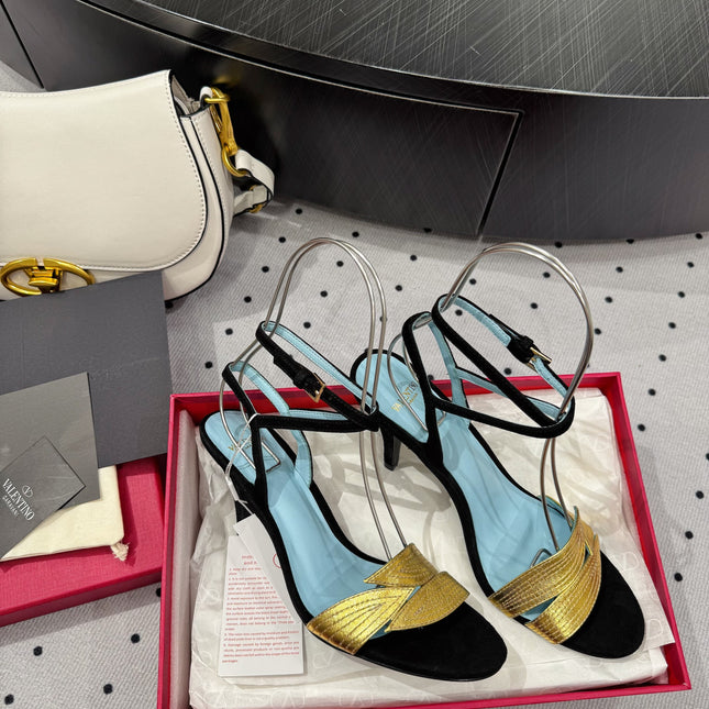 VLTN HIGH SANDAL 25S 60 MM IN BLACK SUEDE AND GOLD CALFSKIN