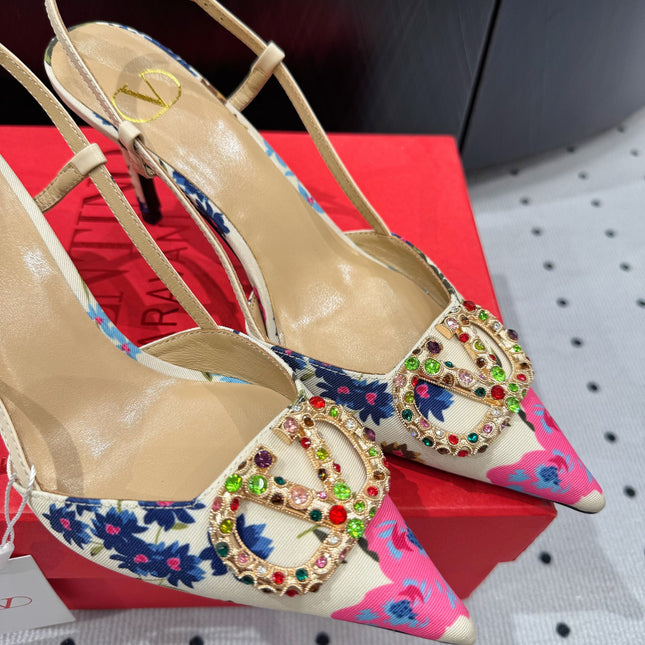 VLTN HIGH SLINGBACK 25S 80 MM IN WHITE MIX PINK FABRIC AND CALFSKIN