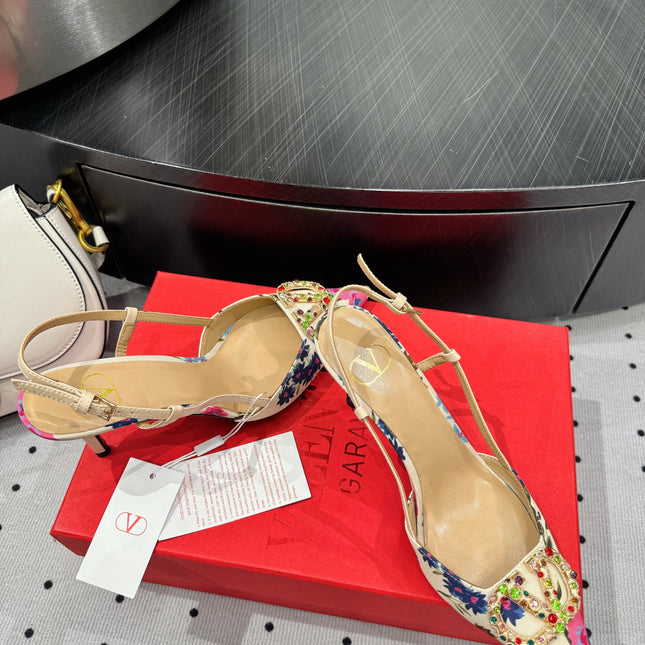 VLTN HIGH SLINGBACK 25S 80 MM IN WHITE MIX PINK FABRIC AND CALFSKIN