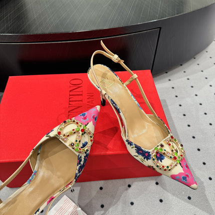 VLTN HIGH SLINGBACK 25S 80 MM IN WHITE MIX PINK FABRIC AND CALFSKIN