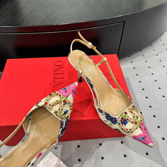 VLTN HIGH SLINGBACK 25S 80 MM IN WHITE MIX PINK FABRIC AND CALFSKIN