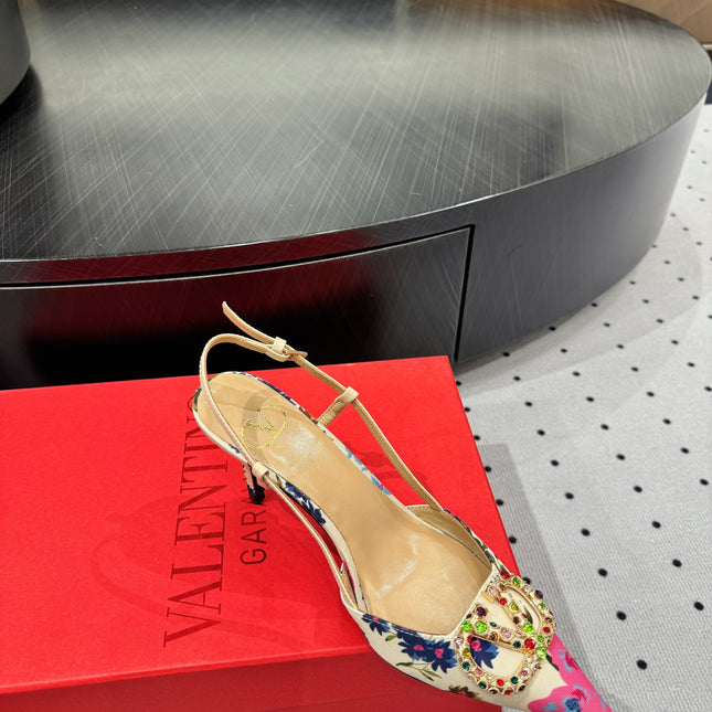 VLTN HIGH SLINGBACK 25S 80 MM IN WHITE MIX PINK FABRIC AND CALFSKIN