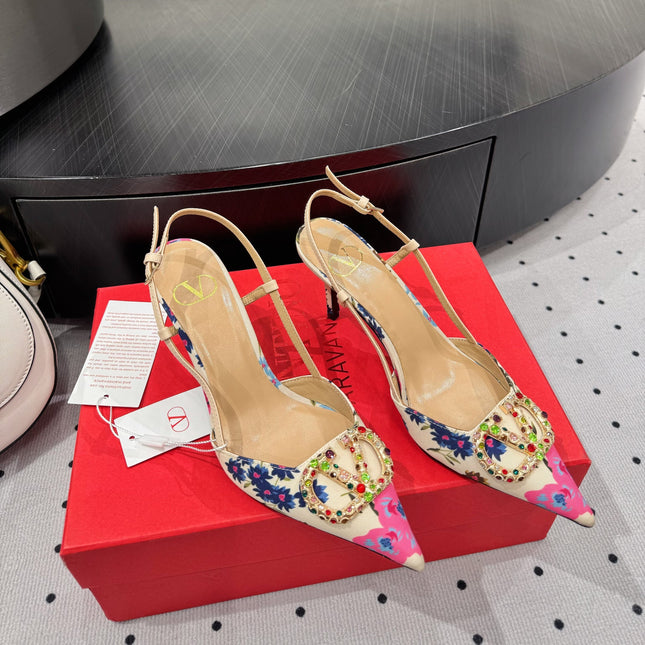 VLTN HIGH SLINGBACK 25S 80 MM IN WHITE MIX PINK FABRIC AND CALFSKIN