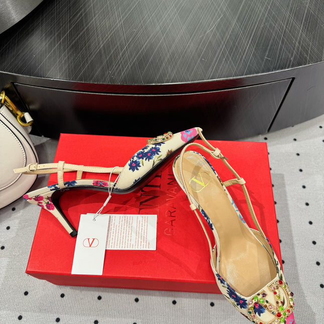 VLTN HIGH SLINGBACK 25S 80 MM IN WHITE MIX PINK FABRIC AND CALFSKIN