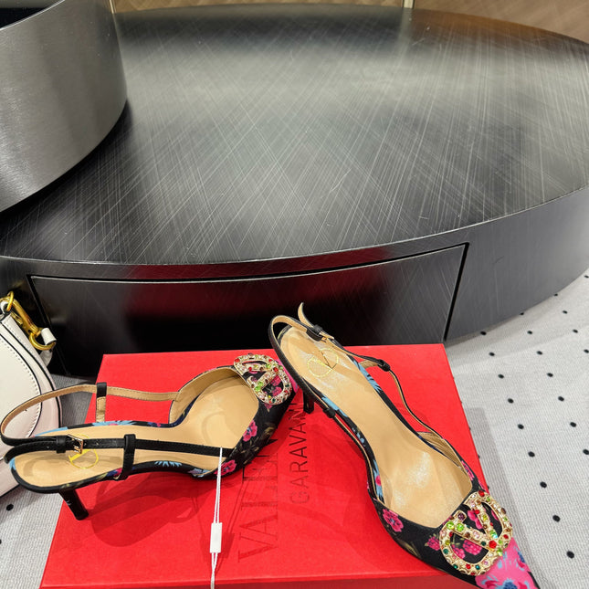 VLTN HIGH SLINGBACK 25S 80 MM IN BLACK MIX PINK FABRIC AND CALFSKIN